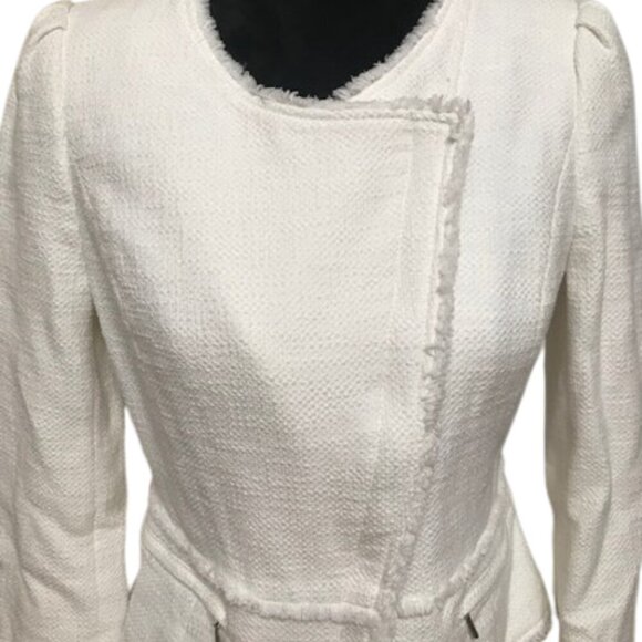 White House Black Market Women's White Tweed round neck Jacket Frayed Edges Sz 6 - Picture 3 of 14